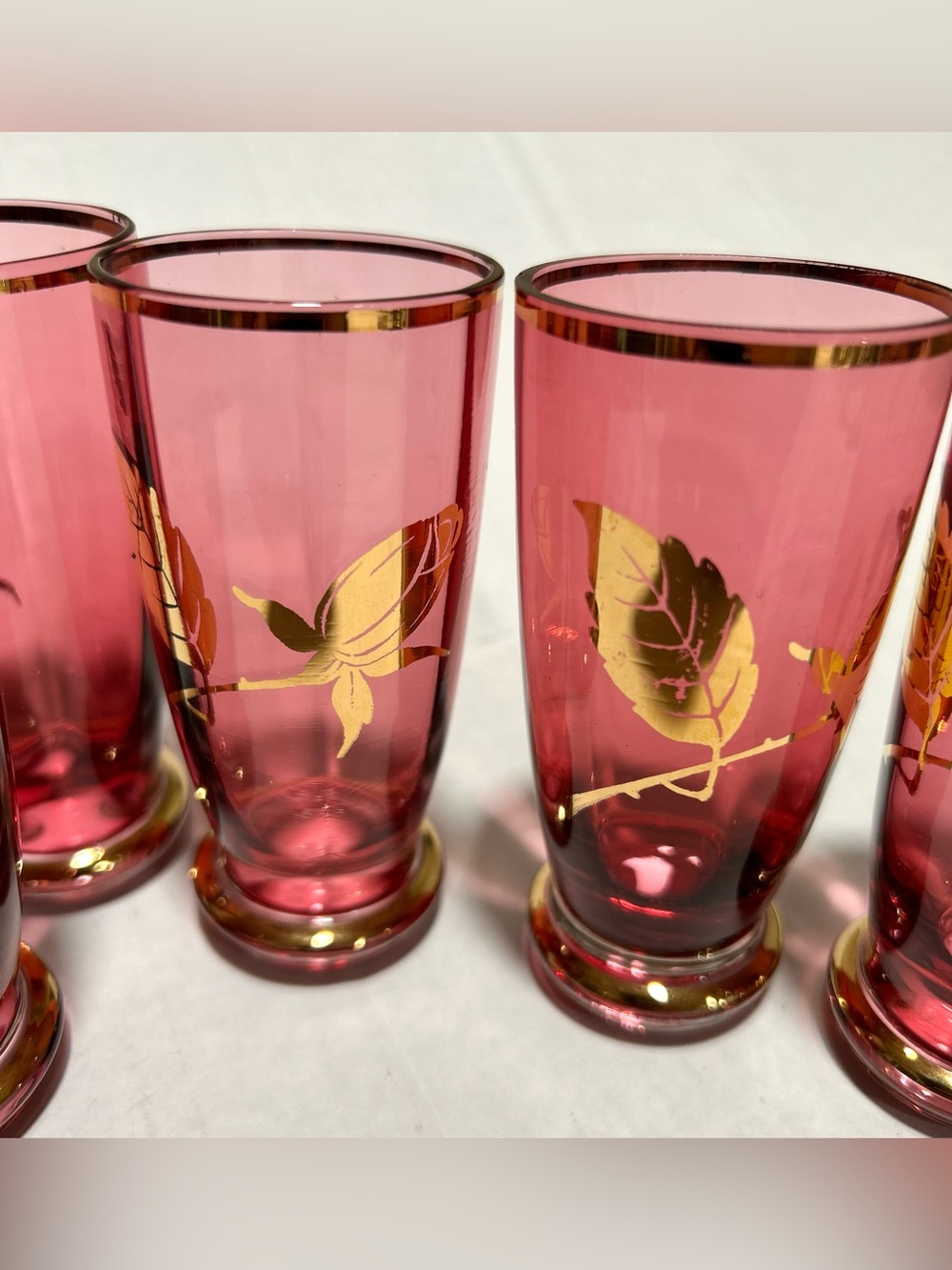 Vintage Cranberry Glass Cordial Set with Gold Leaf Accent - 5 Pieces